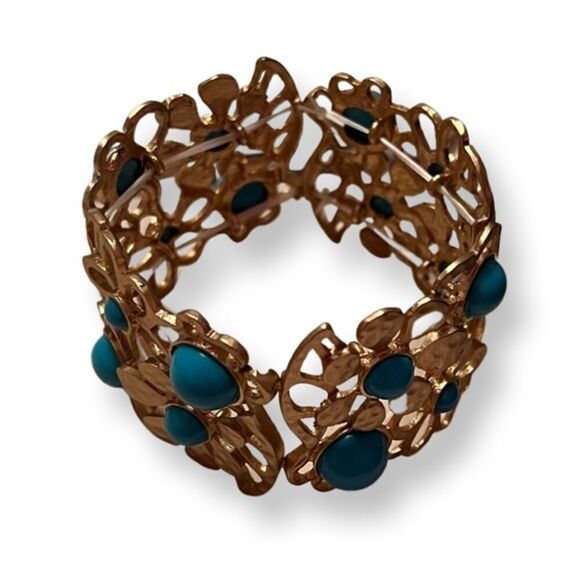 NEW Turquoise Flower Gold Tone Stretch Bracelet - Picture 2 of 3